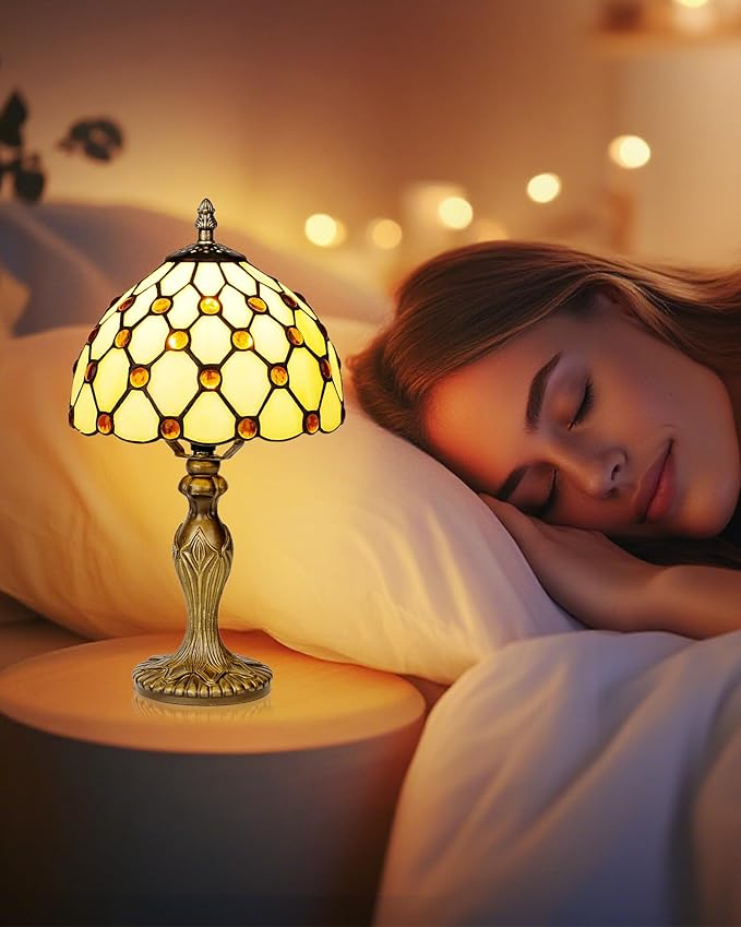 8" Tiffany Style Table Lamp, Yellow Beads Small Stained Glass Night Lamp, Handmade Desk Bedside Antique Light for Living Room, Bedroom and Study, Ideal Art Gift for Family & Friends