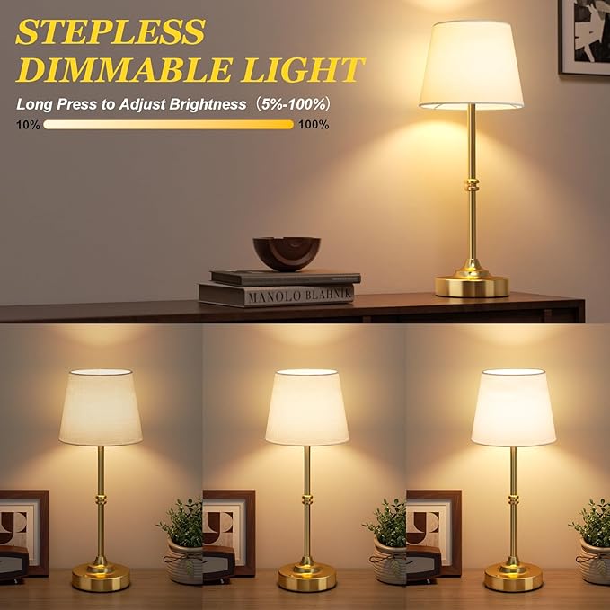 Kakanuo Rechargeable Cordless Table Lamp Gold - 1 Pack Brass 4000mAh Battery Operated Lamp, Touch Control Stepless Dimming, for Home Decor, Dining Table, Living Room, Bedroom