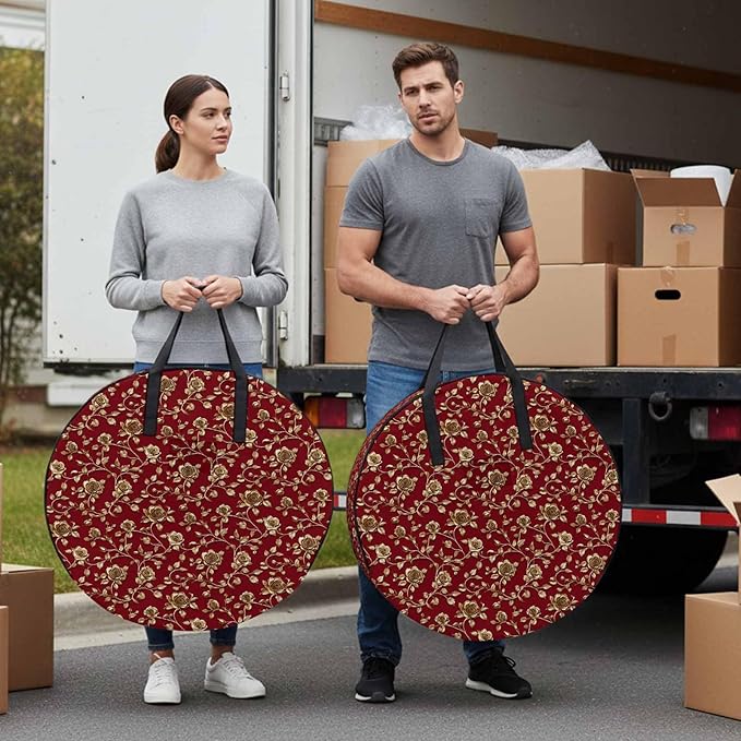 Yellow Roses Round Storage Bag 36 Inch, Christmas Xmas Red Background Clothes Storage Container with Handles Heavy Duty Organizer for Comforter, Bedding & Holiday Wreaths