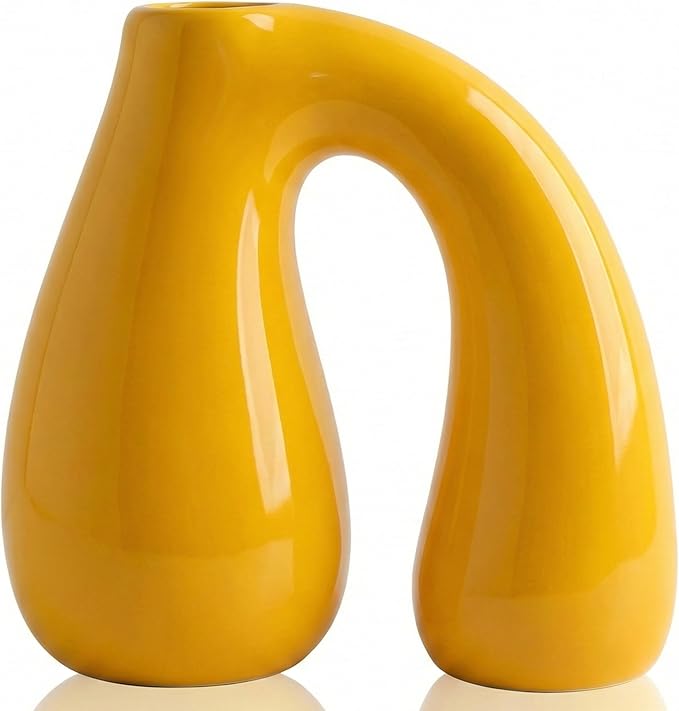 PROBENEX Yellow Ceramic Decorative Pitcher Vase, 7.5 in – Glossy Sculptural Arch-Handle, Modern Home Décor Accent for Fresh or Dried Floral Arrangements, Table/Shelf/Entryway, Giftable