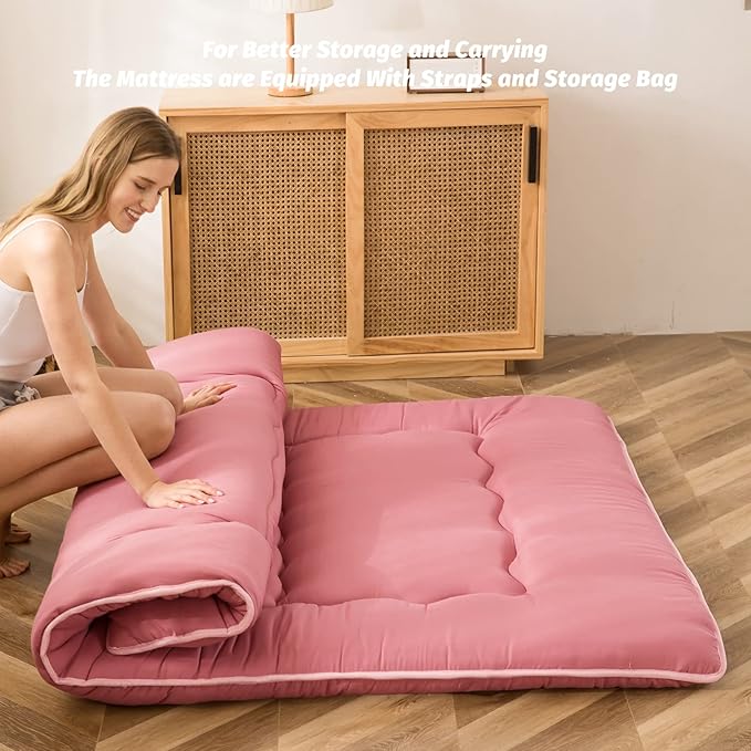 MAXYOYO Japanese Floor Mattress Futon Mattress, Thicken Sleeping Pad Foldable Roll Up Floor Futon for Adults Tatami Mat Dormitory Couch Lounger, Pink, Queen Size
