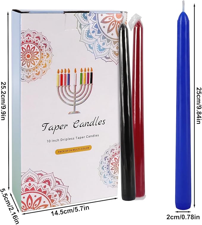 YOROXRG 24 Colored Taper Candles, 7-8 Hours Burn Time, Unscented, Smokeless and Dripless, 0.75 x 10 Inch Dinner Candle Set for Household, Wedding, Party and Home Décor Candlesticks