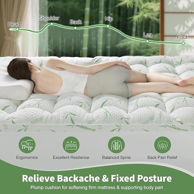 3 Inch Mattress Topper Queen Size - 1500GSM 3D+7D Down Alternative Fill,Viscose Made from bambu Cover,Cooling Extra Firm Pillow Top Mattress Pad for Back Pain with 6"-18" Deep Pocket (60"x80")