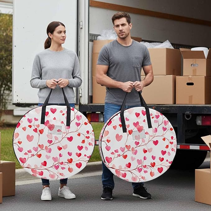Valentine's Day Round Storage Bag 36 Inch, Romantic Watercolor Red Gradient Love Heart Tree Clothes Storage Container with Handles Heavy Duty Organizer for Comforter, Bedding & Holiday Wreaths