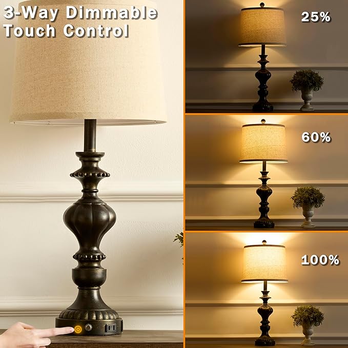 SAIWEYA 27.5" Farmhouse Table Lamps Set of 2 Bedside Lamp with USB C+A Ports & AC Outlet, 3 Way Dimmable Touch Lamps for Living Room Bedroom Office Hallway Rustic Nightstand Traditional Lamp