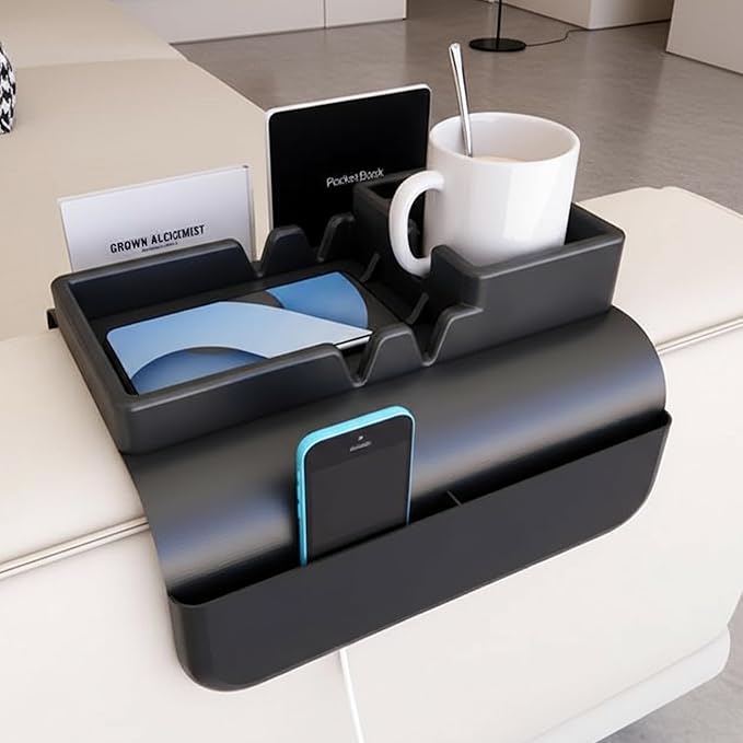 Couch Arm Cup Holder - Silicone Sofa Armrest Tray with 5 Side Pockets, Anti-Slip Armrest Recliner Armchair Caddy, Sofa Table Organizer for Drinks Tablet Remote Snacks Cellphone Cup (Black)