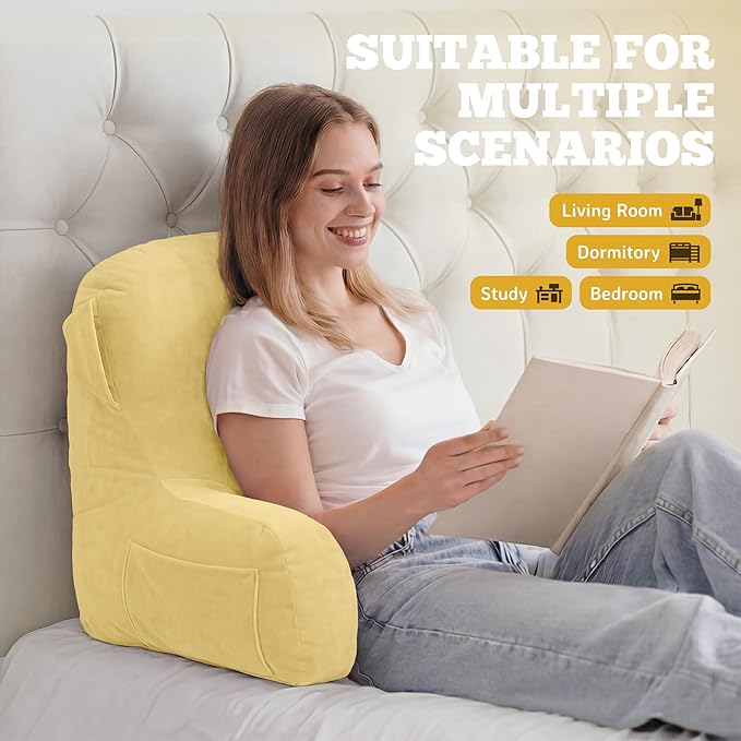 Unisakey Portable Comfy Reading Pillows for Bed Sitting Up(Yellow Oeko-Tex), Velvet Back Pillow with Arms & Pockets for Adults, Support Memory Foam Bed Pillow for Dorm/Reading/Watching/Gaming