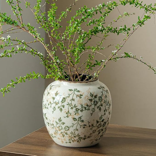 for Mom from Daughter or Son, Vintage Green Round Pastoral Ceramic Vase 6.7”, Ice Cracked Chinoiserie Floral Vase, Rustic Decor for Living Room, Bookshelf, Office, Table Centerpiece