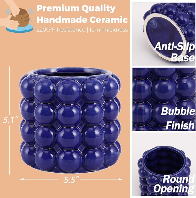 Blue Bubble Vase, Small Short Vase, Ceramic Flower Vases, Unique Decorative Vases for Flowers, Living Room, Bedroom, Office, Shelf, Coffee Table, 5 Inches