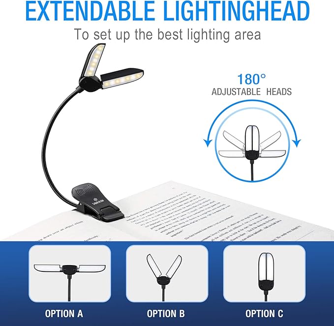 Vekkia 14 LED Book Light with Charger & Travel Case, Cover Both Page, Warm/White Reading Light with Clamp, Lightweight Eye Care Book Lamp, Great for Readers