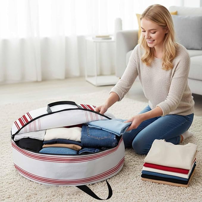 Storage Bag Red Ticking Vertically Stripe Round Storage Totes Bins Closet Organizers with Zippers & Handle Simple Style White Clothes Storage Container for Bedroom Dorm Space Saving Packing Supplies