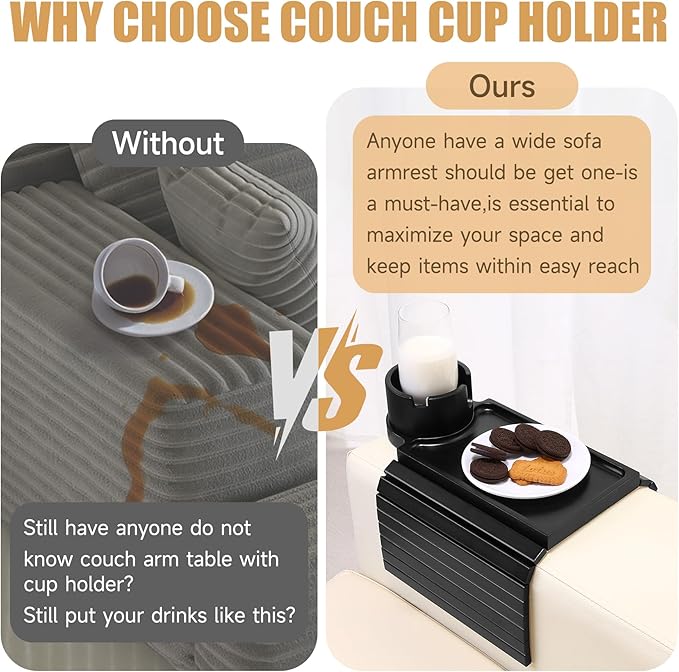 SINWANT Couch Cup Holder Tray,Foldable Sofa Arm Clip on Tray Table with 360° Rotation Cup Holder,Bamboo Anti-Slip Couch Armrest Table for Coffee Cup,Water Bottles,Mug,Snacks,Remote on Large Armrest