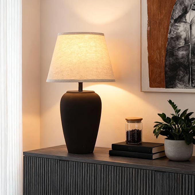 YEPDIN Ceramic Pot Table Lamp 21.25 inch Compact Frosted Nightstand Lamp, Tapered Fabric Shade Bedside, Ceramic Decorative for Living Room Bedroom House Office Entryway, TL3