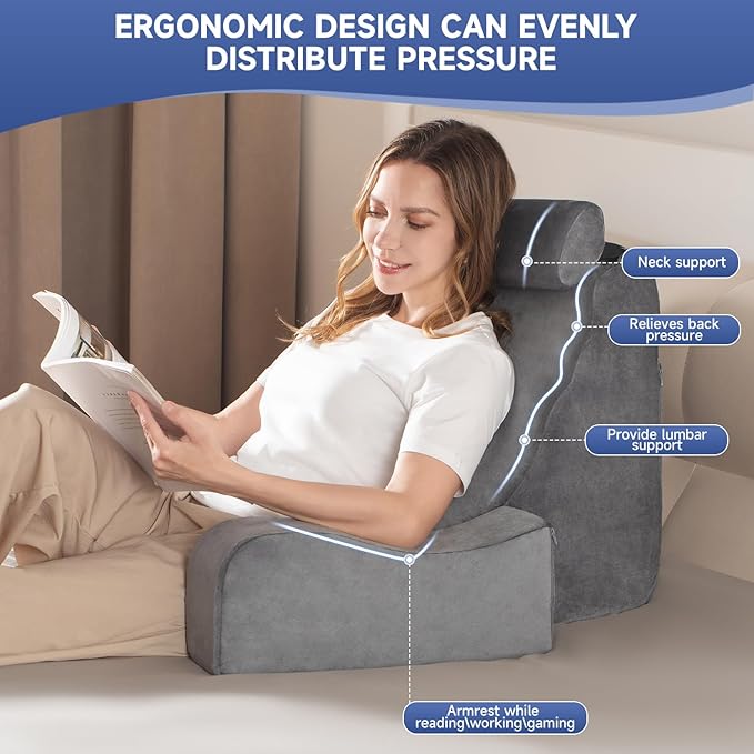 SofGlowly Reading Pillow for Sitting in Bed Adult, Back Support Pillow for Bed Sitting up with Arm Rest,Bed Rest Pillows for Watching TV/Reading/Gaming/Resting in Beds, Couch or Floor, Medium 19" Gray