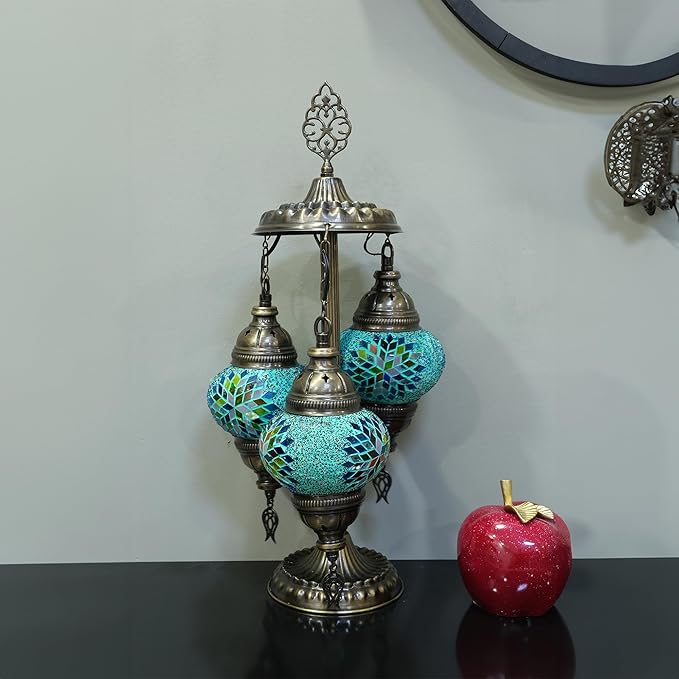 Asylove Turkish Lamp, 3 Globe Turkish Mosaic Table Lamp, Living Room and Office Decoration Lighting 5 inc Globe Total Dimesions 12 x 12 x 24 inch (Turquoise Mix)