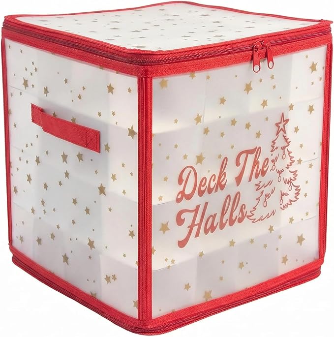 Plastic Christmas Ornament Storage Box with Zippered Closure - Store up to 64 of the 3-inch Standard Christmas Ornaments, Xmas Ornaments Storage with Dividers & Two Handles