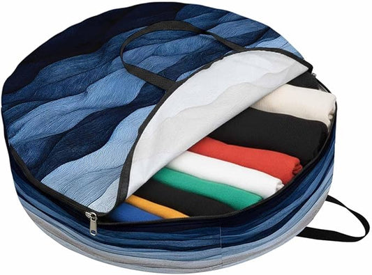 Abstract Art Ocean Round Storage Bag 36 Inch, Gradient Blue Impressionist Style Clothes Storage Container with Handles Heavy Duty Organizer for Comforter, Bedding & Holiday Wreaths