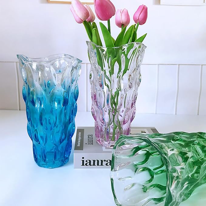 Unbreakable Flower Glass Vase 3.5lb 9.5inch Sparkle vase Bohemian Style, for Centerpieces,Kitchen,Office, Living Room,Wedding,Perfect Home Decor Glass Vase (Gradient Green)
