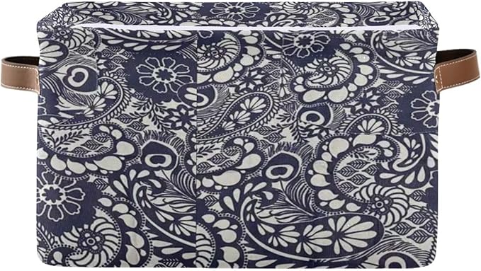 Decorative Storage Basket, Canvas Collapsible Box with Leather Handles, Navy Floral Pattern, 14.2x10.2x8.3 Inches, Rectangular Container for Bedroom Storage