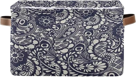 Decorative Storage Basket, Canvas Collapsible Box with Leather Handles, Navy Floral Pattern, 14.2x10.2x8.3 Inches, Rectangular Container for Bedroom Storage