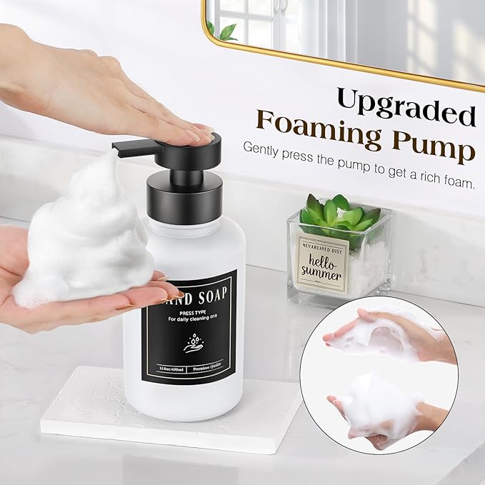 Luxspire Foaming Soap Dispenser, Glass Foam Pump Soap Dispenser, Non-Slip Hand Soap Bottle with 5 Waterproof Labels, 15 Oz Refillable Liquid Soap Bottle for Bathroom & Kitchen, White, 1 Pack