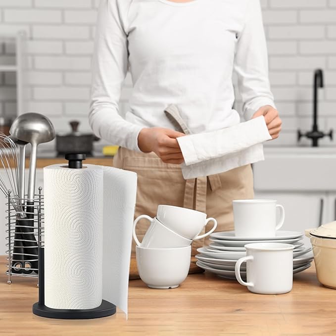 Black Paper Towel Holder Countertop Stainless Steel Paper Towel Stand with Weighted Non-Slip Base One-Handed Tear, Rust-Resistant Kitchen Roll Holder, Standard, Jumbo & Large Rolls