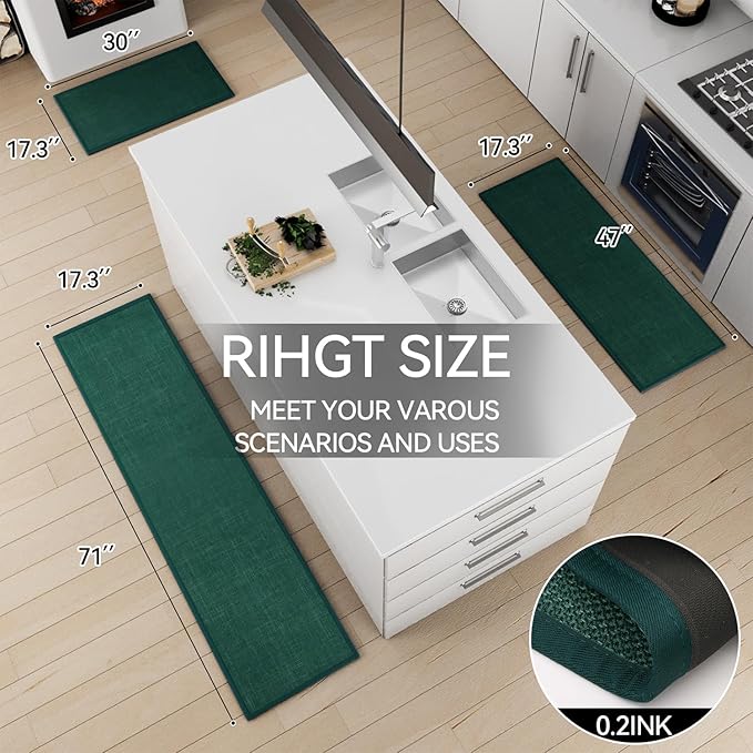 SUMLANS Kitchen Mat Set of 2 PCS, Christmas Cushioned Non Slip Rugs for Kitchen Floor, Absorbent Runner Comfort Standing Mats Washable for Kitchen, Office, Home (Green, 17.3"x47"+17.3"x30")