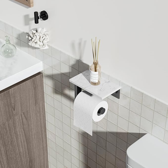 Toilet Paper Holder with Marble Shelf, 304 Stainless Steel Tissue Hand Holder Wall Mounted Toilet Paper Roll Hold with Phone Shelf for Bathroom Kitchen Washroom Bedroom, Matte Black