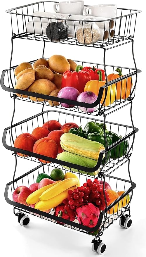 Miyawell Fruit Vegetable Storage Basket, 4 Tier Stackable Metal Wire Storage Baskets with Wheels, Fruit Vegetable Produce Basket Organizer Bins for Kitchen, Pantry, Bathroom