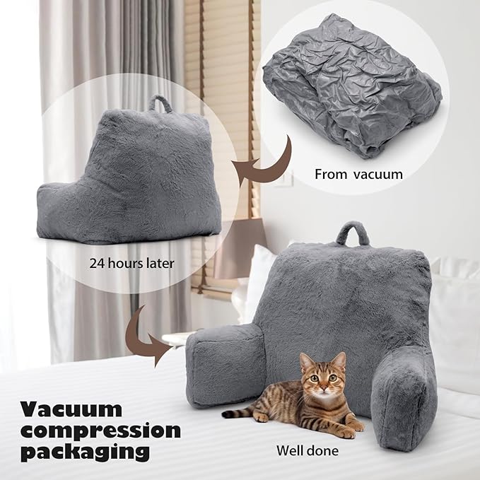 Reading Pillow, Back Support Pillow for Bed Sitting Up, Large Bed Rest Pillow with Arms for Adults,Back Support Pillow for Couch and Chair, Grey