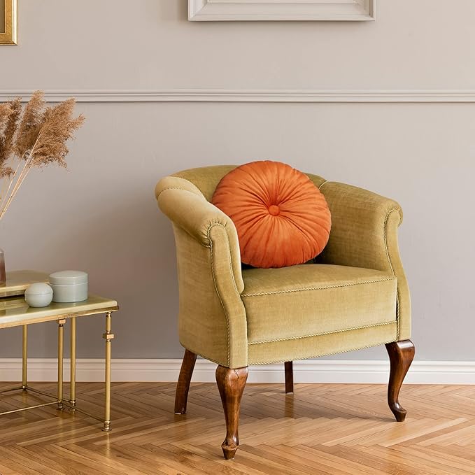 Namalu 2 Pcs Round Throw Pillow 13.8 Inch Decorative Round Velvet Floor Pillows Pumpkin Throw Pillows with Center Button for Thanksgiving Home Decor Living Room Sofa Couch Bed Chair (Burnt Orange)