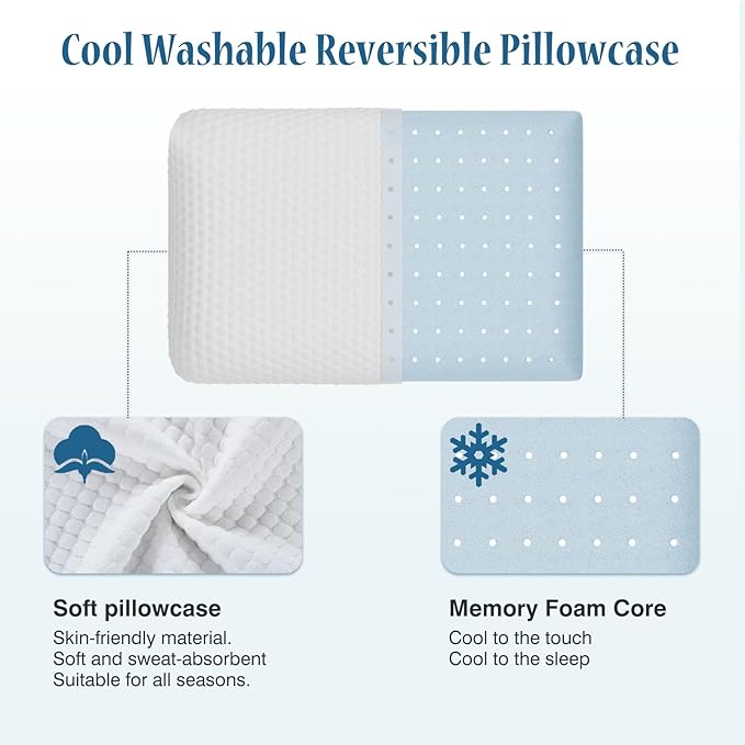 DUMOS Memory Foam Pillows for Sleeping 2 Pack, Bed Pillows for Adults with Washable Cover and Breathable Mesh, Gel Cooling Pillow for Back and Side Sleeper Support, White