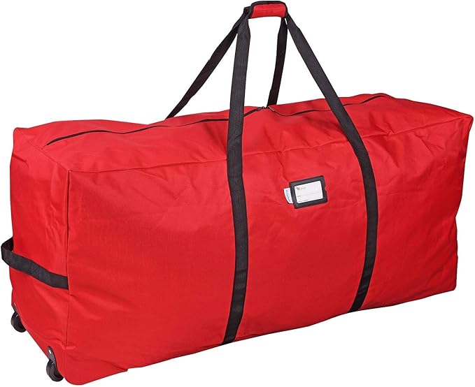 Primode Christmas Rolling Tree Storage Bag, Fits Up to 7.5 Ft. Tall Disassembled Holiday Trees, 22" H X 16" W X 50" L, Large Heavy Duty Storage Container with 2 Wheels and Handles (Red)
