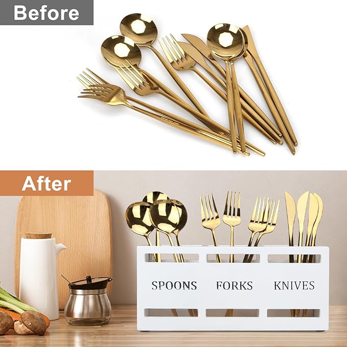 Wooden Silverware Cutlery Holder White Flatware Caddy Kitchen Utensils Holder for Party Wood Silverware Organizer Storage Containers for Countertop Spoon and Fork Holder Flatware Silverware Caddies