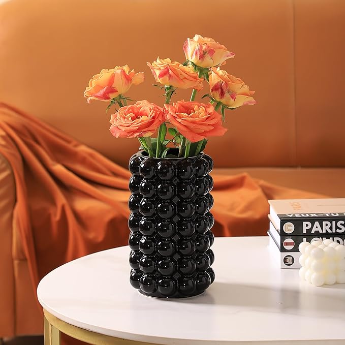 Black Bubble Vase, Black Ceramic Vase for Flowers, Tall Ceramic Vases for Boho Decor, Modern Vases for Living Room, Dinner Table, Bedroom, Wedding, Fireplace Mantel, 8.5 Inches