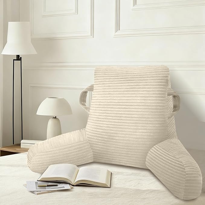 Reading Pillow for Sitting in Bed Adult, Bed Reading Pillow with Shredded Memory Foam, Back Pillow for Sitting with Arms and Pockets, Beige