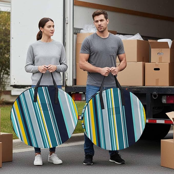 Storage Bag Blue Stripes Round Storage Totes Bins Closet Organizers with Zippers & Handle Boho Style Lines Striped Clothes Storage Container for Bedroom Dorm Space Saving Packing Supplies Moving Bags