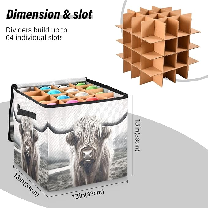Kigai Highland Cow Christmas Ornament Storage Box with Zipper & Adjustable Dividers Holiday Ornament Organizer Xmas Storage Container, 64 Balls
