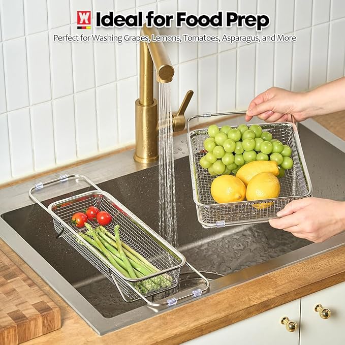 WAGENSTEIGER Extendable Dish Rack with Feet, Vegetable Colander Basket, Stainless Steel Dish or Silverware Drying Rack, Ultimate Kitchen Organizer Over the Sink (12.40 x 5.12 x 2.36 Inches)