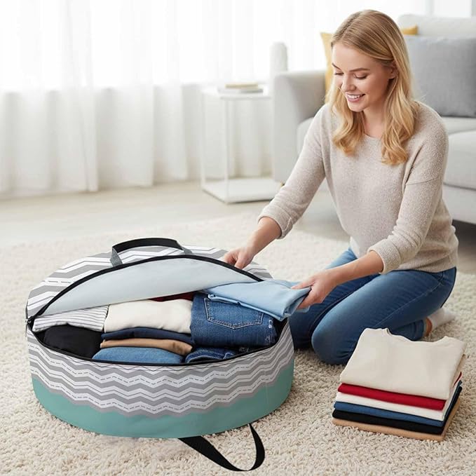 Storage Bag Turquoise Gray Waves Round Storage Totes Bins Closet Organizers with Zippers & Handle Chevron Stripe Clothes Storage Container for Bedroom Dorm Space Saving Packing Supplies Moving Bags