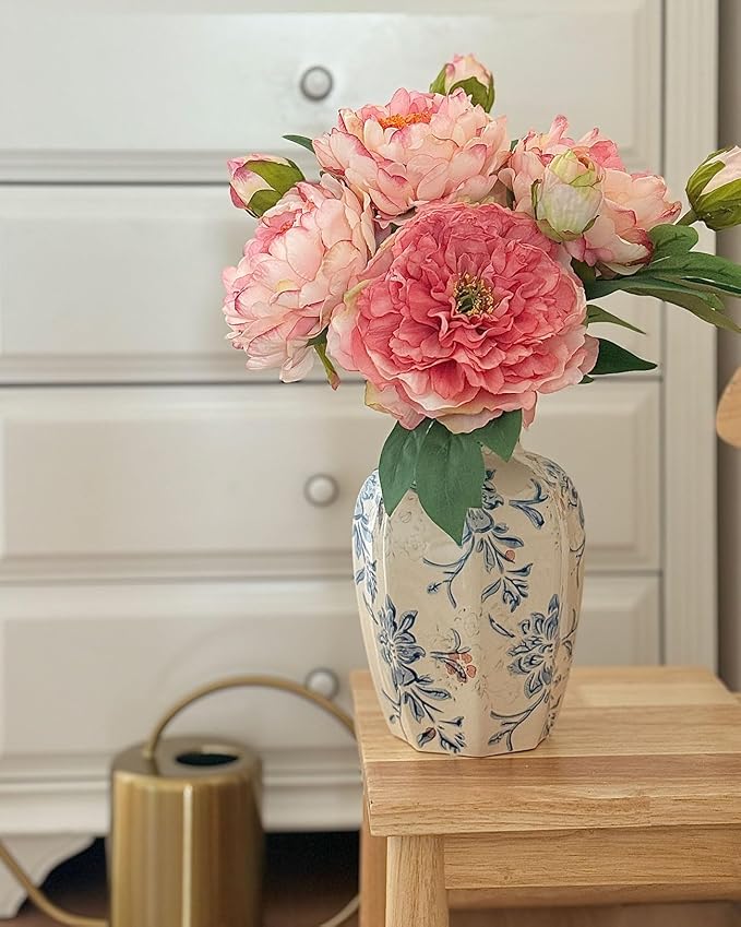 Vintage Chinoiserie Ceramic Vase, Porcelain Decorative Flower Vase for Centerpiece Living Room Table Shelf, Blue and White Country Decor