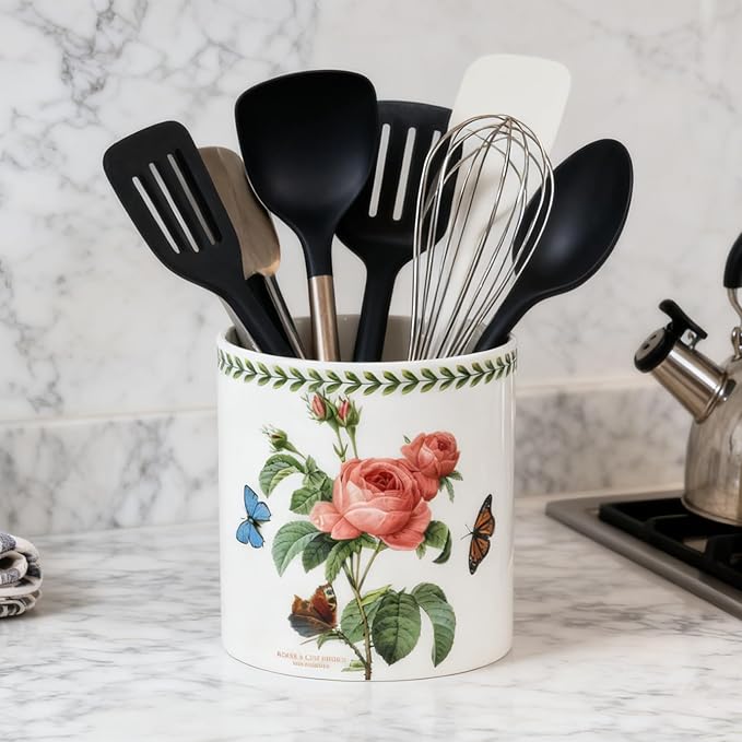 Floral Kitchen Utensil Holder, 7.1 Inch Large Ceramic Crock, Sunflower Pattern, White Kitchen Counter Organizer (pink rose)