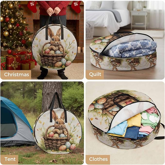 30 Inch Round Storage Bag 1 Pack,Watercolor Bunny Easter Egg Flower Waterproof Wreath Storage Container with Handles&Zipper Farm Grass Basket on Flax Closet Organizer Bags Garland Box