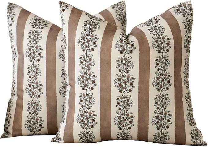 DOMVITUS Floral Throw Pillow Covers 18x18 Inch Set of 2, Block Print Decorative Pillow Covers Vintage Striped Neutral Farmhouse Boho Home Decor for Couch Sofa Bed Living Room, Brown