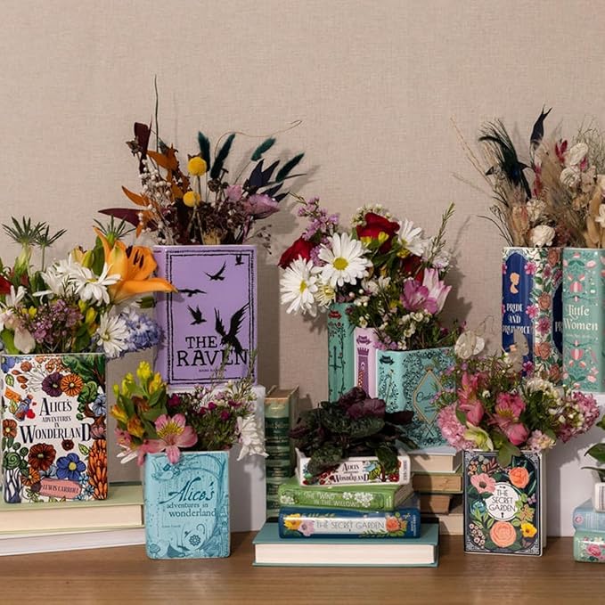 Steel Mill & Co Original Large Book-Shaped Decorative Vase, Ceramic Vases for Home Decor, Cute Bookshelf Decor, Unique Vase for Book Lovers, Alice's Adventures in Wonderland - Floral Nonsense