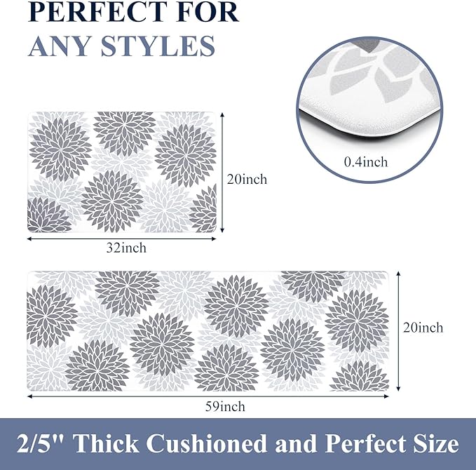 HEBE Anti Fatigue Kitchen Rugs Sets of 2, Non Slip Kitchen Mats for Floor, Waterproof Cushioned Comfort Standing Carpet for Kitchen Sink, Home Office, Laundry Room