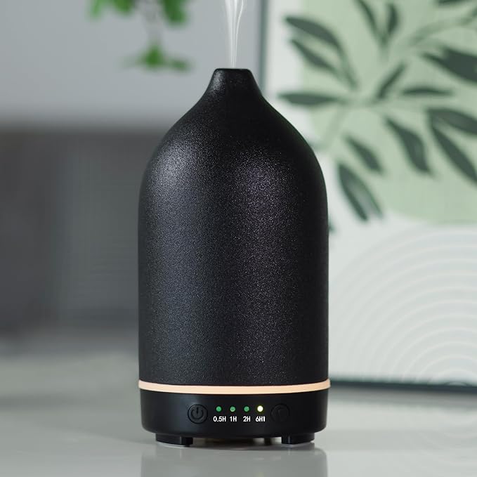 Essential Oil Diffuser Ceramic Diffuser -Aromatherapy Diffuser for Essential Oils with Timer and 7 Colors LED Light Ultrasonic Diffuser with Auto Shut-Off, Home Office Decor&Gift (Black-150ml)