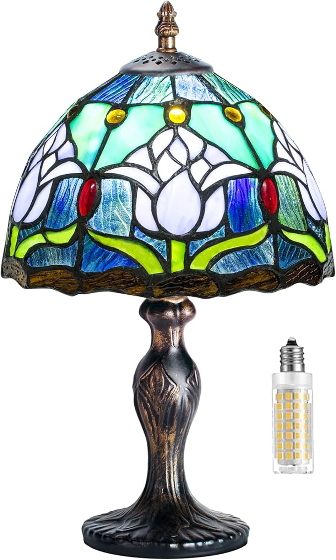 MIAOKE Stained Glass Table Lamp,Stained Glass Crystal Bead Style Table Light, Handmade Desk Bedside Night Light, Antique Art Craft Gifts Lover Living Room Bedroom Bookcase(Blue Tulips)