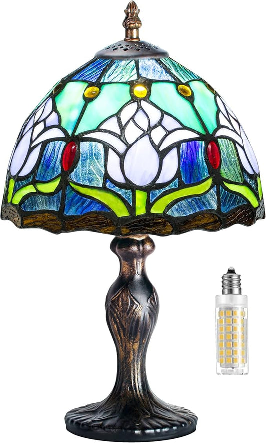 MIAOKE Stained Glass Table Lamp,Stained Glass Crystal Bead Style Table Light, Handmade Desk Bedside Night Light, Antique Art Craft Gifts Lover Living Room Bedroom Bookcase(Blue Tulips)