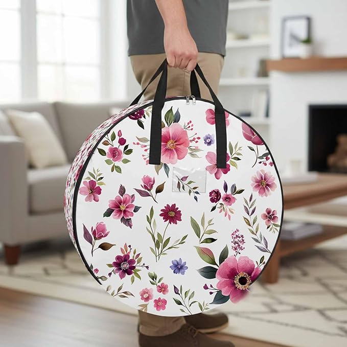 Spring Flowers Round Storage Bag 30 Inch, Pink Wildflowers Leaf Watercolor Floral Plants Clothes Storage Container with Handles Heavy Duty Organizer for Comforter, Bedding & Holiday Wreaths